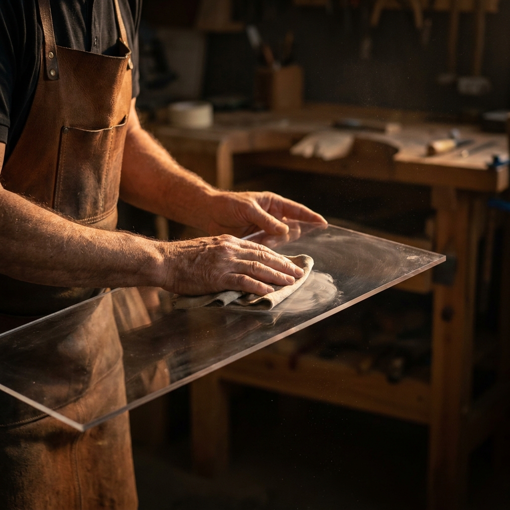 Artesão da Ilusione polindo uma placa de acrílico à mão